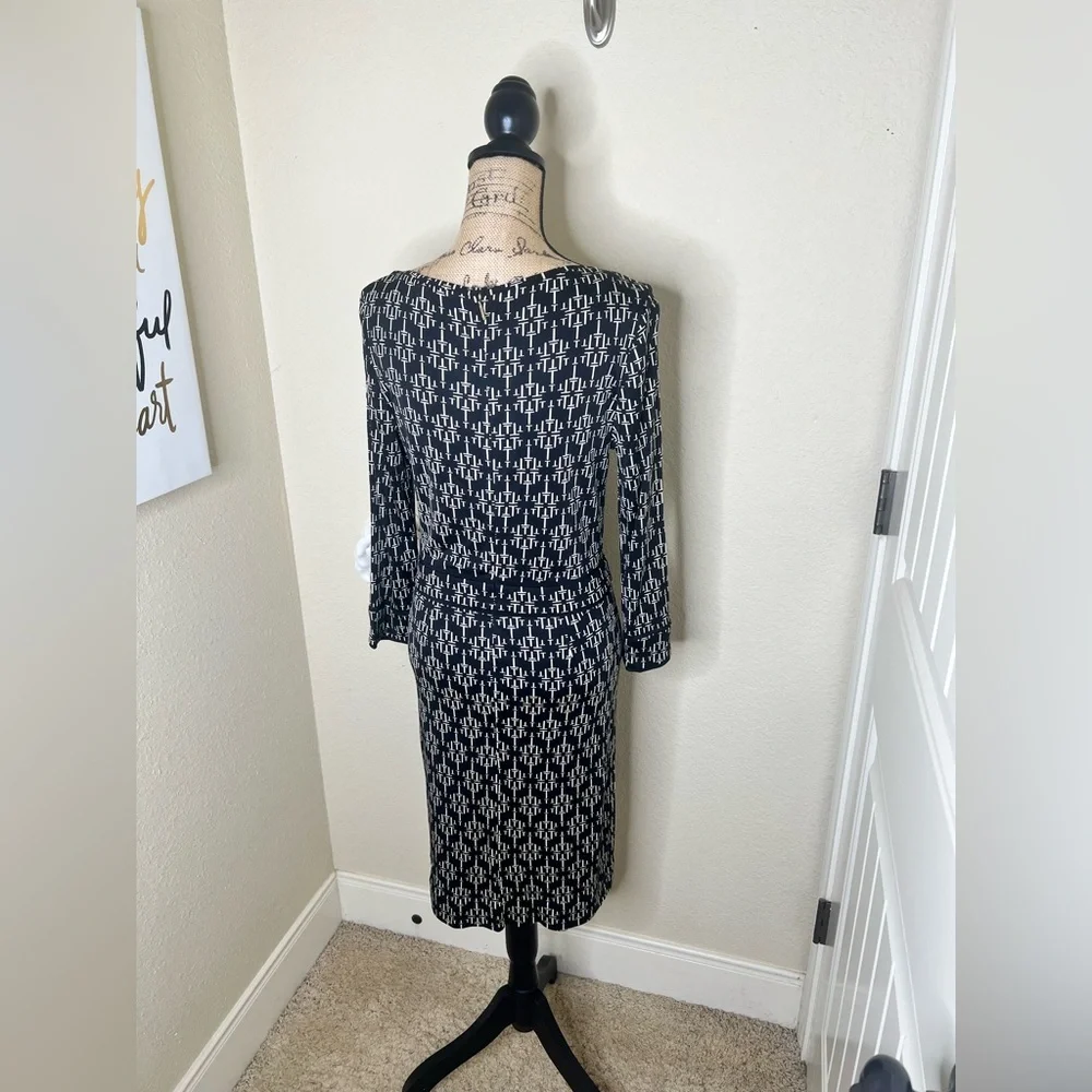 NTM: Tory Burch White Monogram Print Silk Sheath Dress 3/4 Sleeve Size L